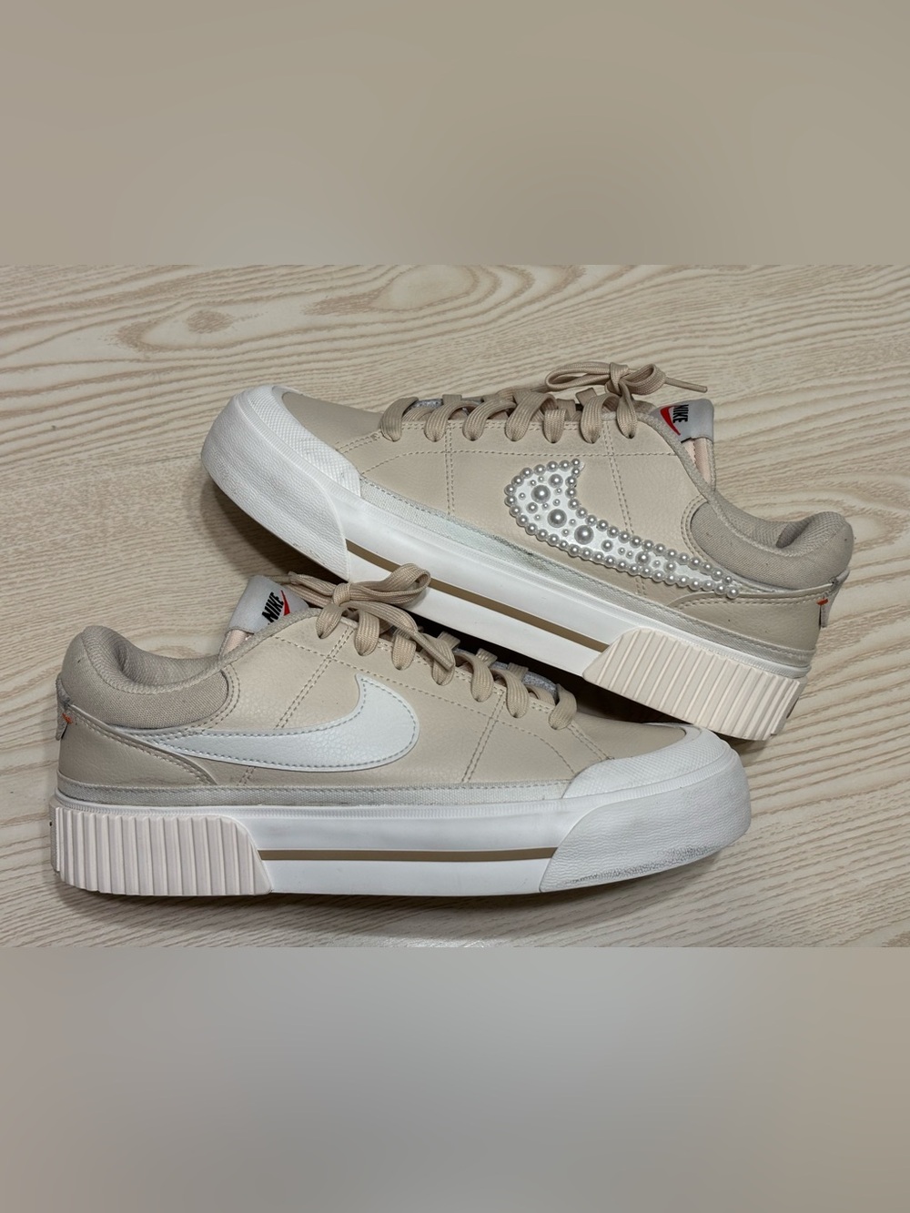 Nike Women’s Beige and White Pearl-Accent Low-Top Sneakers